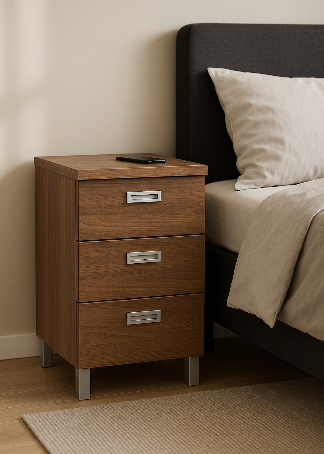 Suomessa valmistettu Monaco 3-laatikkoinen lipasto NRO4. Pähkinä - milijöö