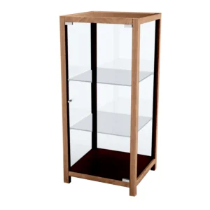 Kapea 95 cm korkea monikko vitriini. Keskiruskea.