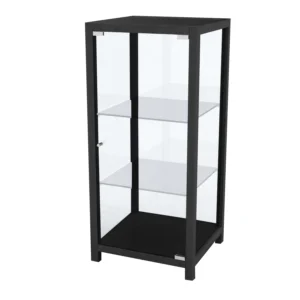 Kapea 95 cm korkea monikko vitriini. Musta.