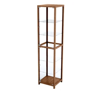 Kapea 181 cm korkea monikko vitriini. Keskiruskea.