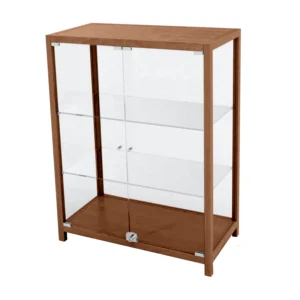 Leveä 95 cm korkea monikko vitriini. Keskiruskea.