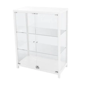 Leveä 95 cm korkea monikko vitriini. Valkoinen.