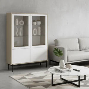 Niitty Nro 7 - Vitriini valkoisilla ovilla ja metallijaloilla - greige - milijöö